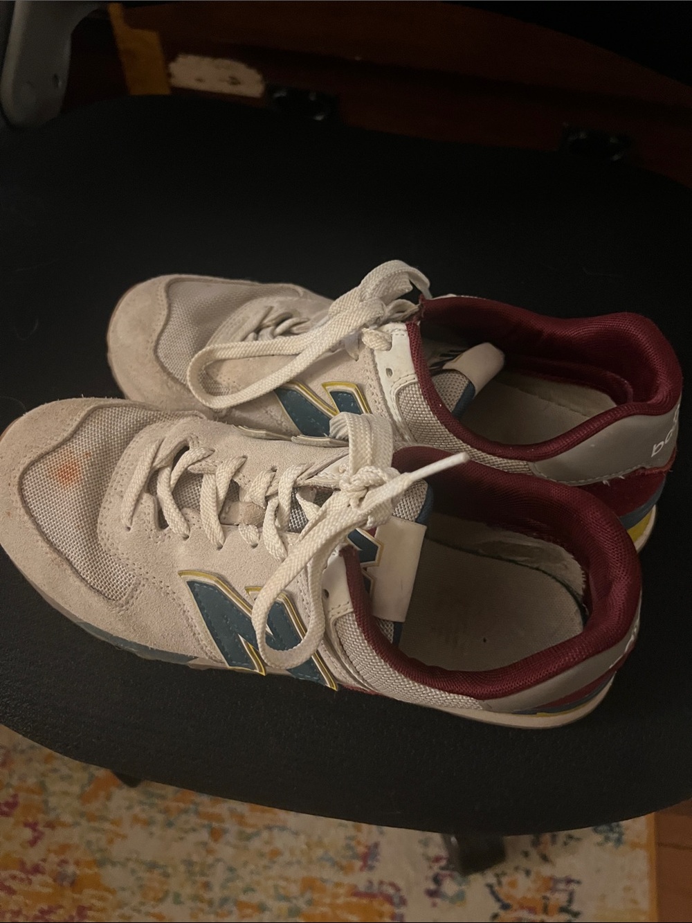 New Balance white sneakers with burgundy and blue accents